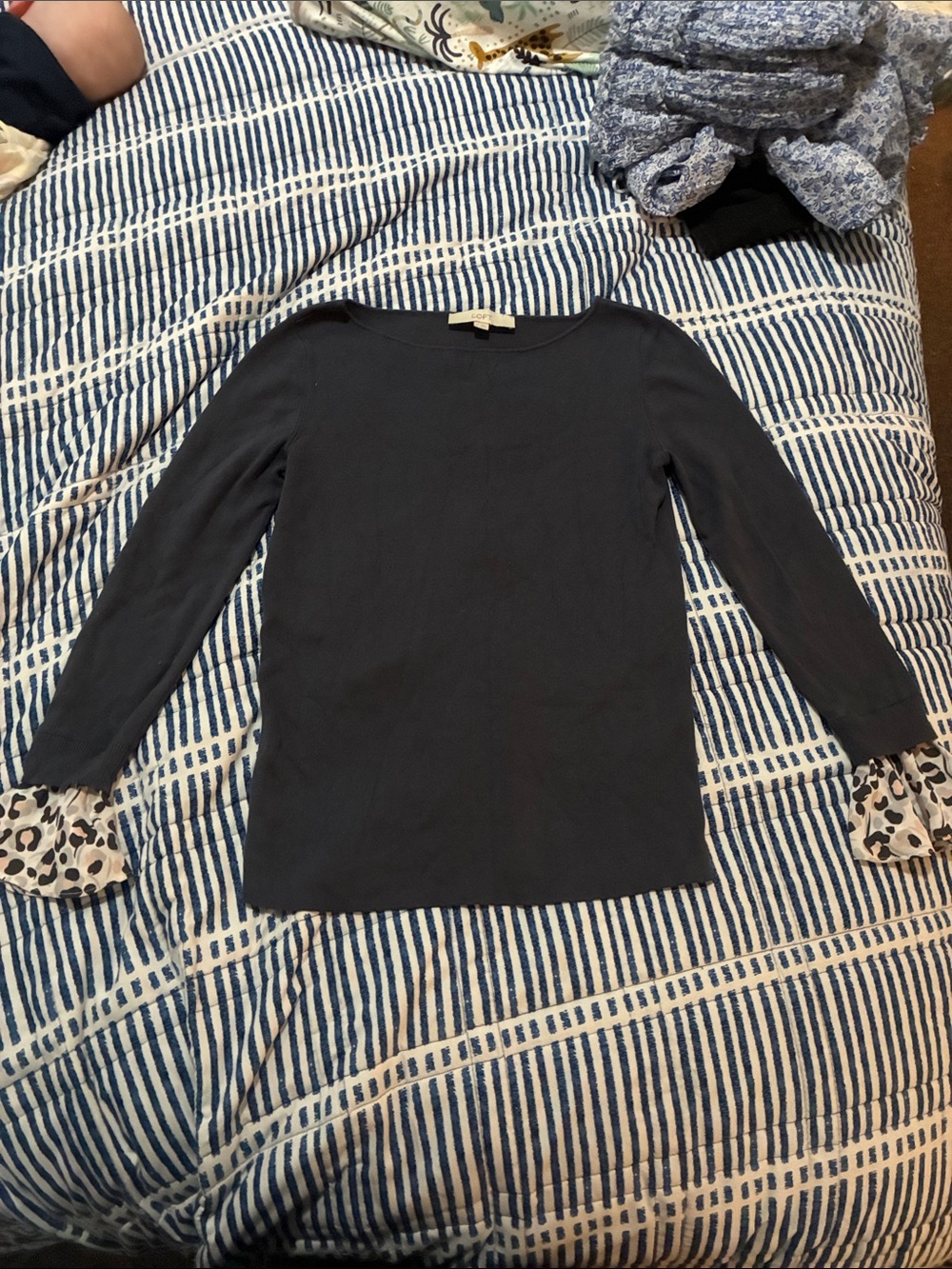 LOFT Navy Crewneck Sweater with Leopard Cuff